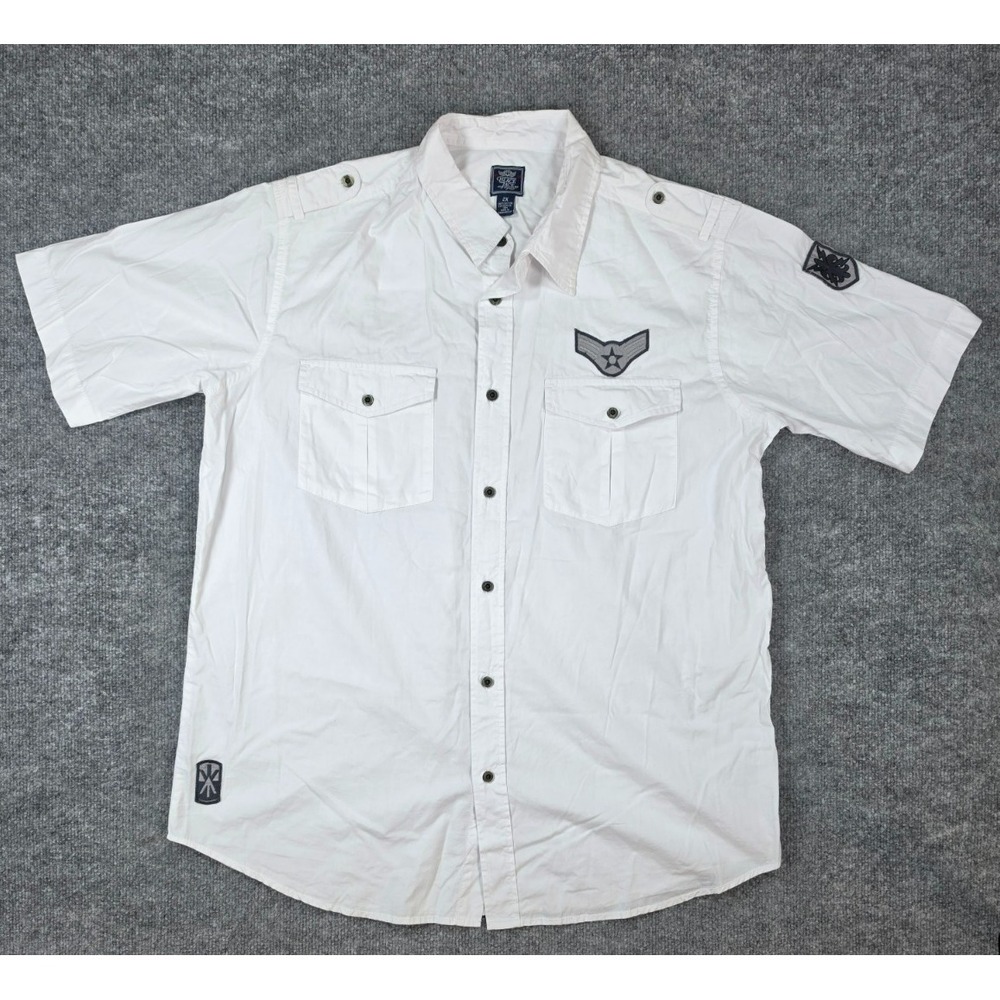 Vintage Black Jack Brand Button up Mens 2XL White Poplin Shirt Military Patches